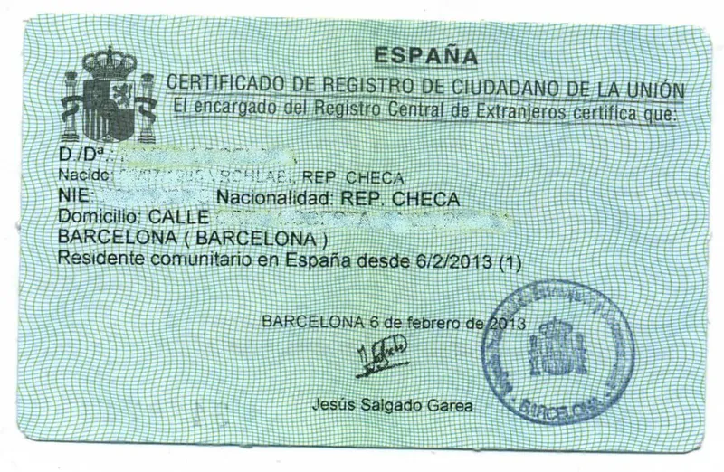 EU registration certificate Spain NIE